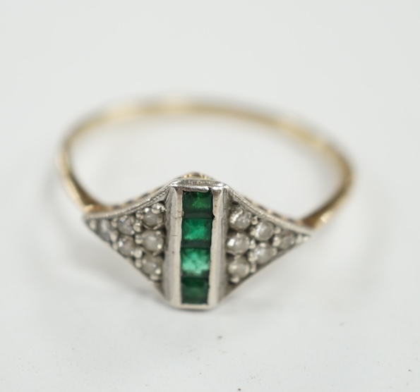 A small early 20th century 15ct, emerald and diamond cluster set ring, size P, gross weight 1.6 grams. Condition - fair